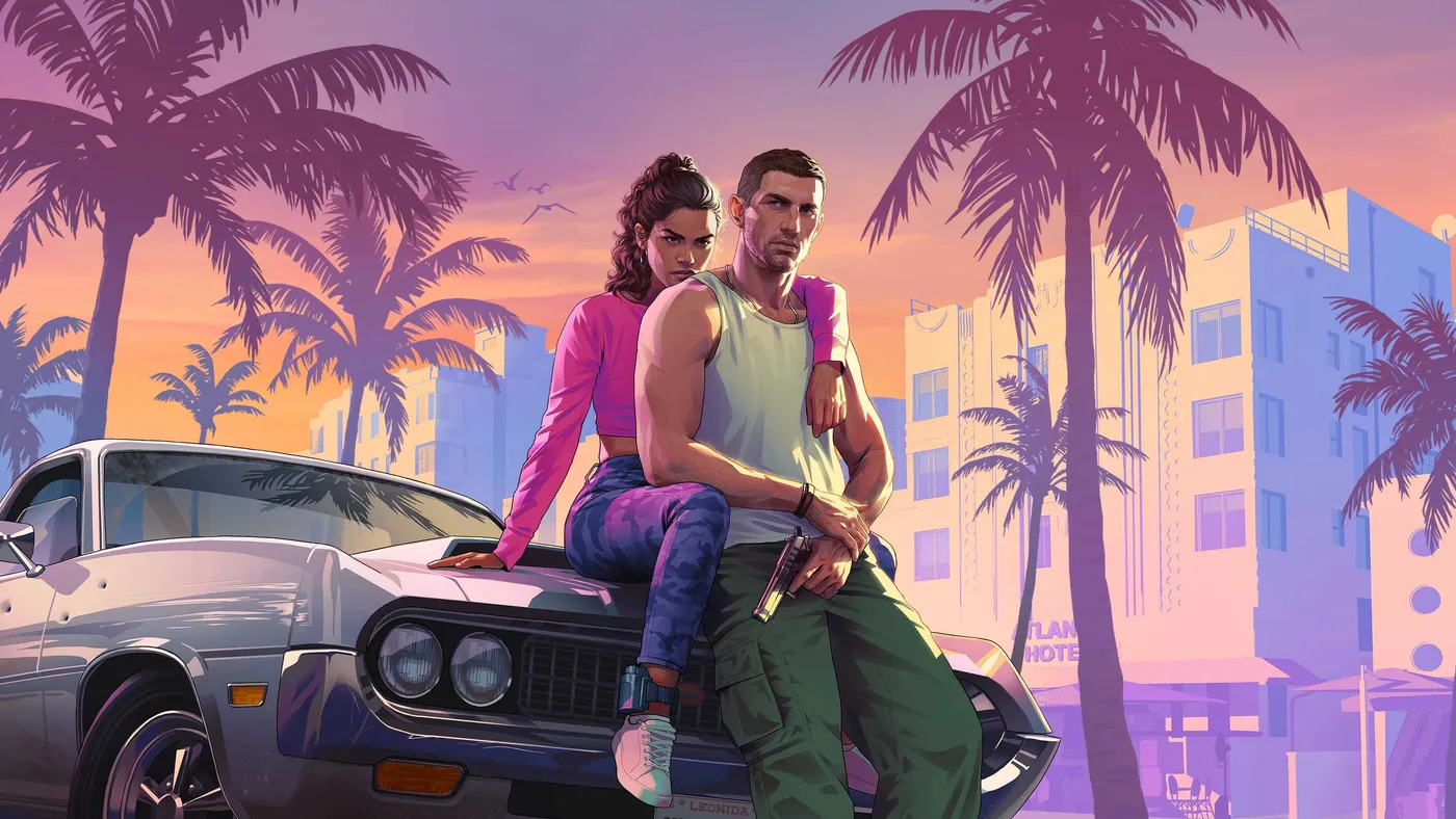 Arte oficial de GTA VI con Jason y Lucía sobre un coche en Vice City