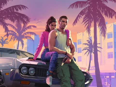 Arte oficial de GTA VI con Jason y Lucía sobre un coche en Vice City