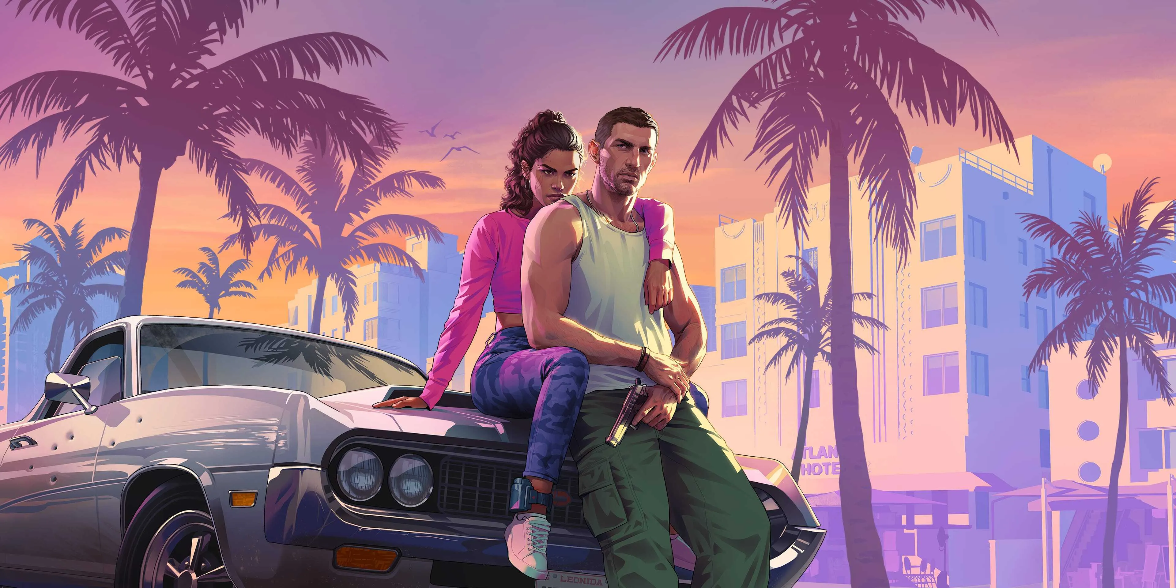 Arte oficial de GTA VI con Jason y Lucía sobre un coche en Vice City