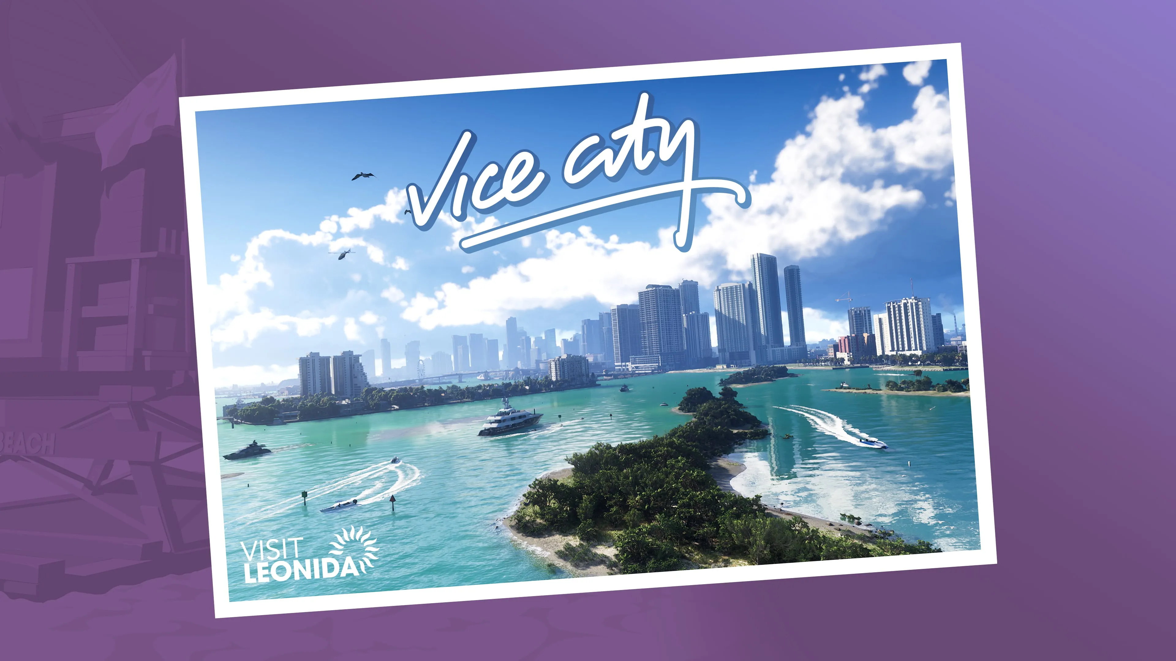 Postal oficial de Vice City con la costa y los rascacielos